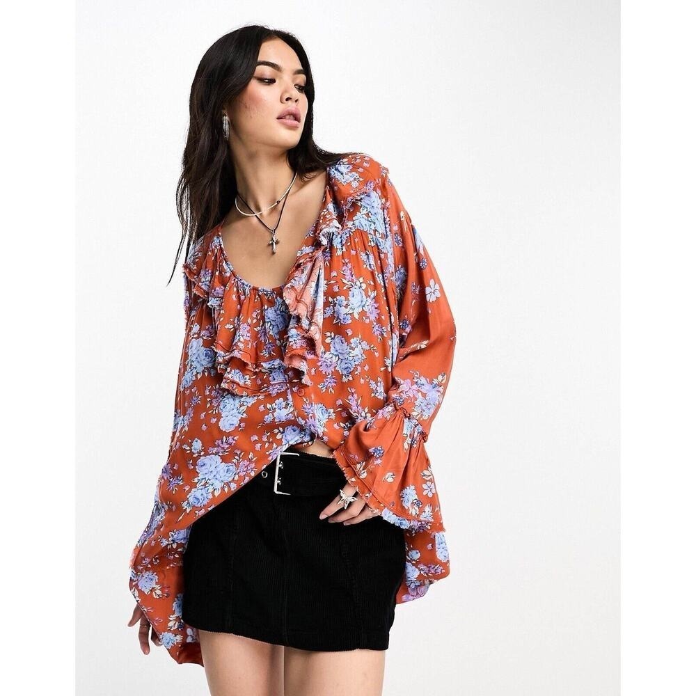 Free People Loretta Oversized Floral‎ Tunic Top Womens Small Boho Cottage Fall